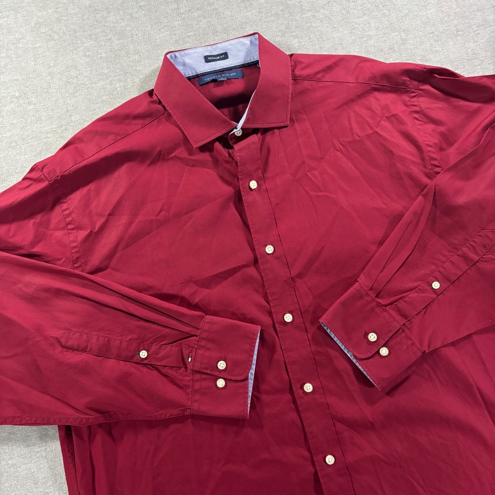 Tommy Hilfiger Mens Dress Shirt Regular Fit 17 34-35 Burgundy Red Button Down